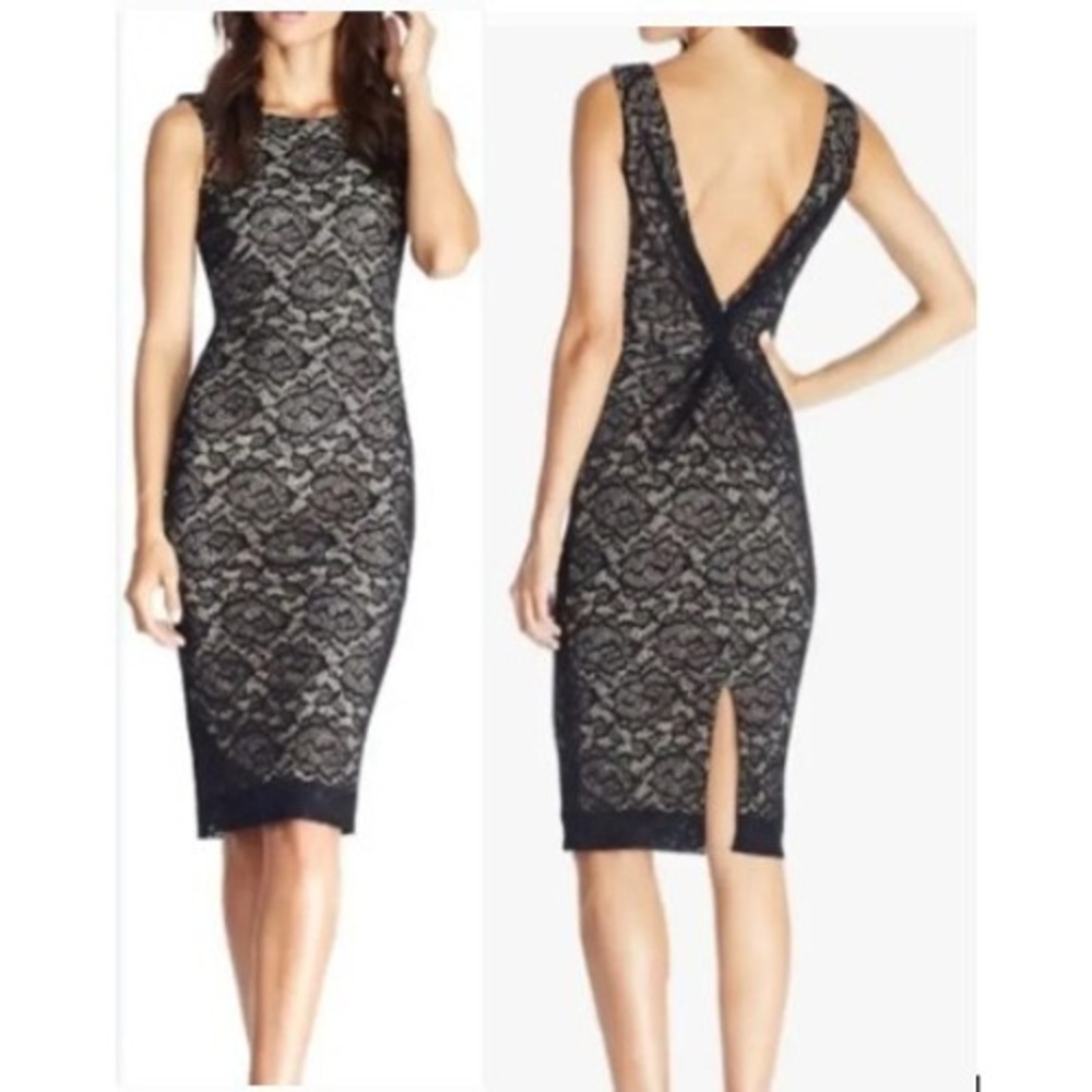 Dress The Population Kendra‎ Lace Midi Dress M Black Nude NWT Low Back Formal